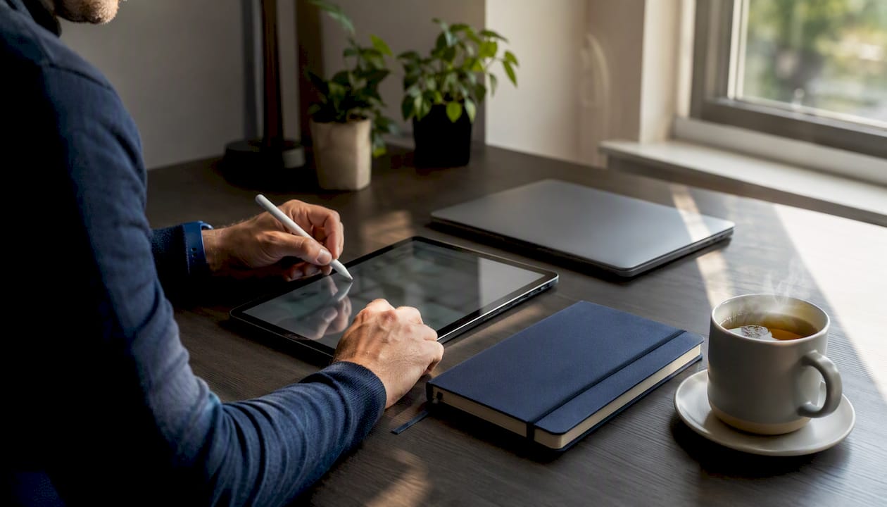 Close-up hands practicing AI role-play with tablet