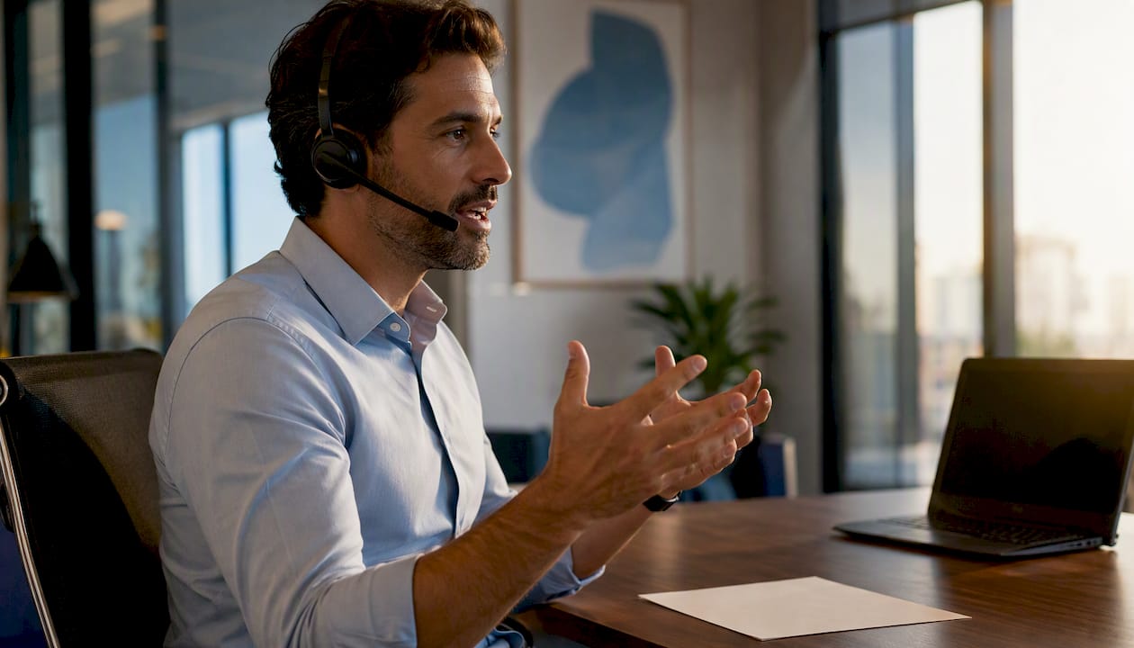 Sales leader speaking into headset for role-play