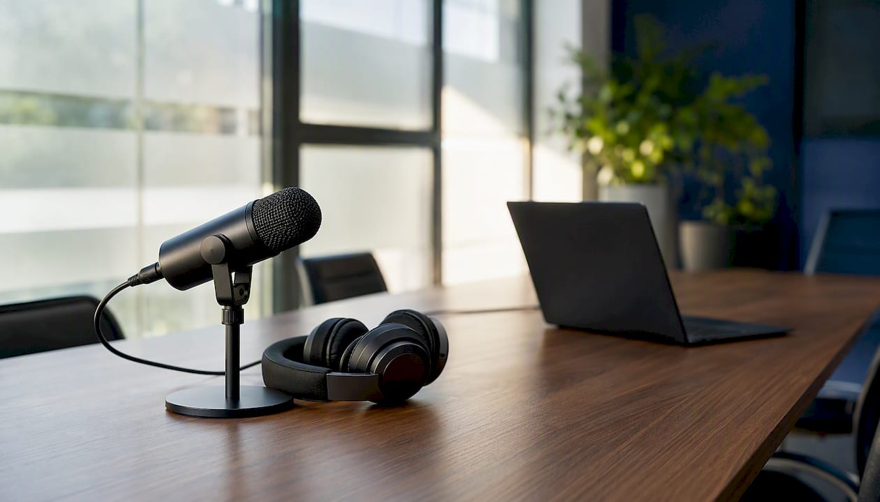 Microphone and headset on office desk