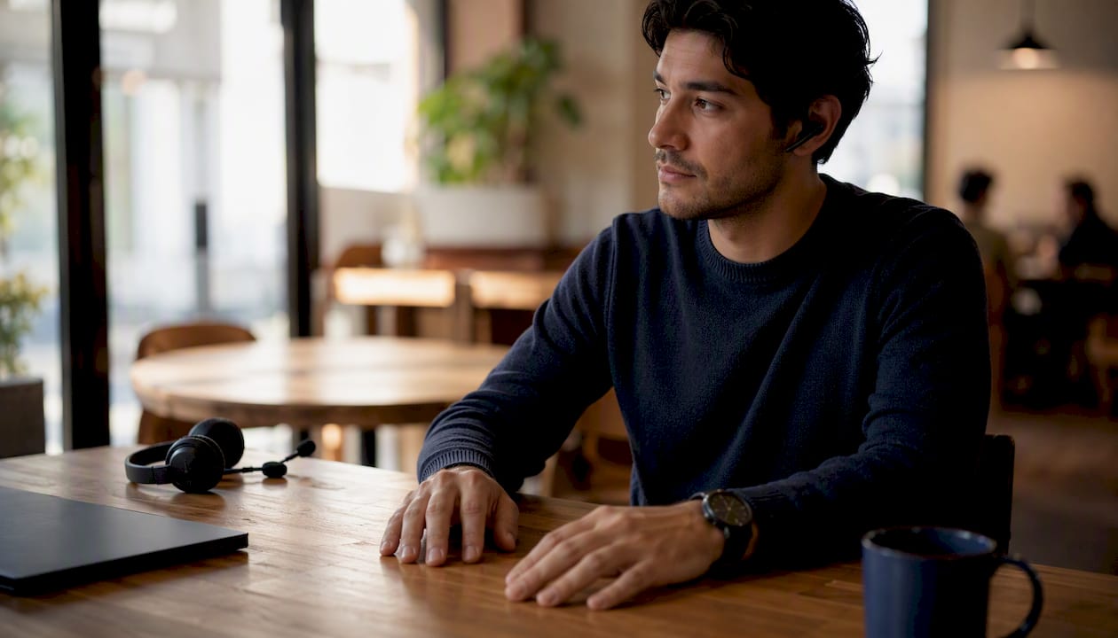 Sales rep pausing calmly mid-call