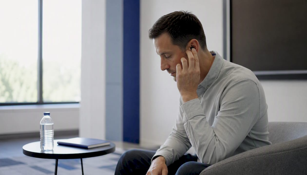 Professional holding wireless earbud during listening training