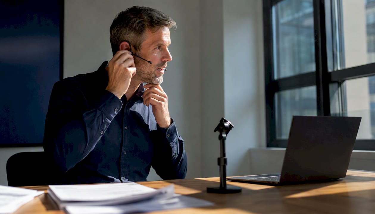Trainer adjusting headset microphone in training room
