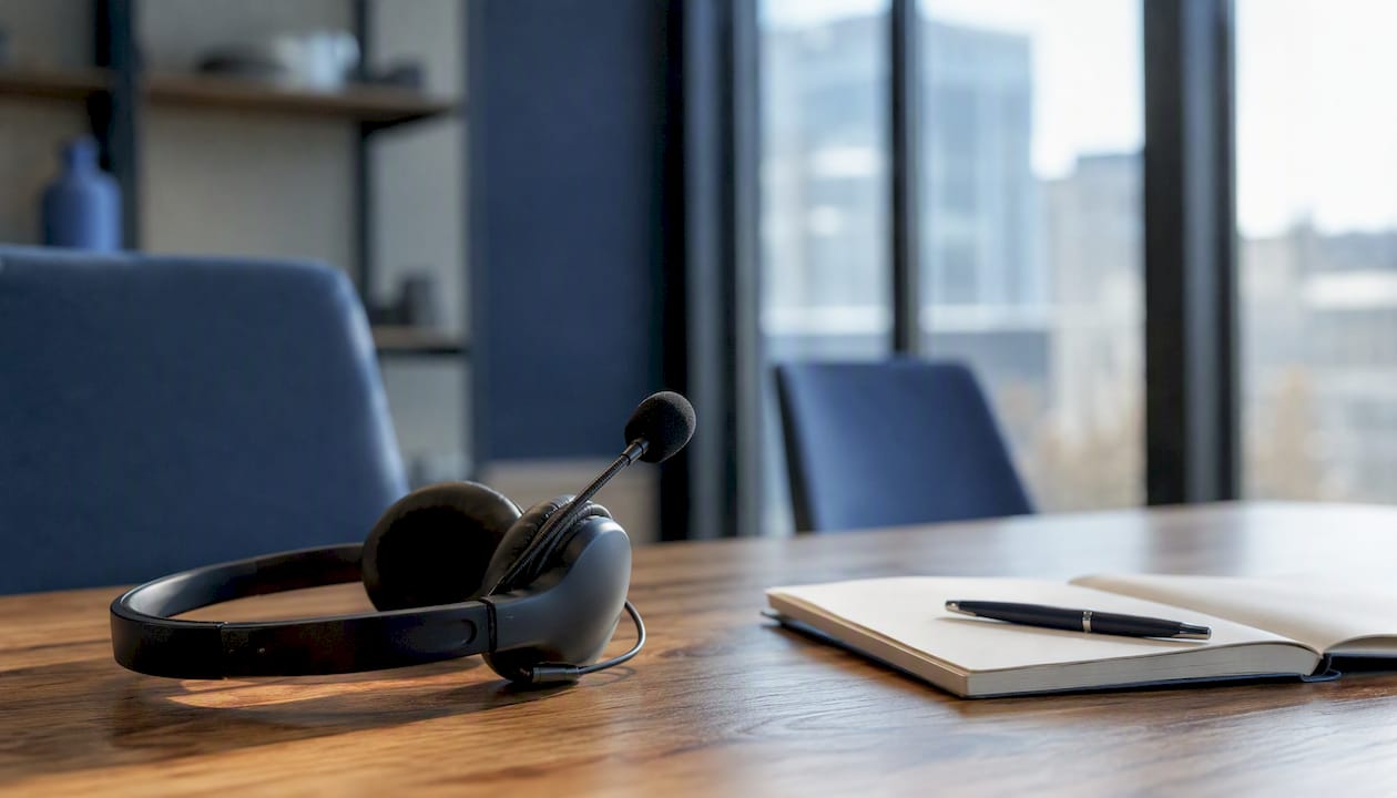 Call center desk with headset and coaching notebook