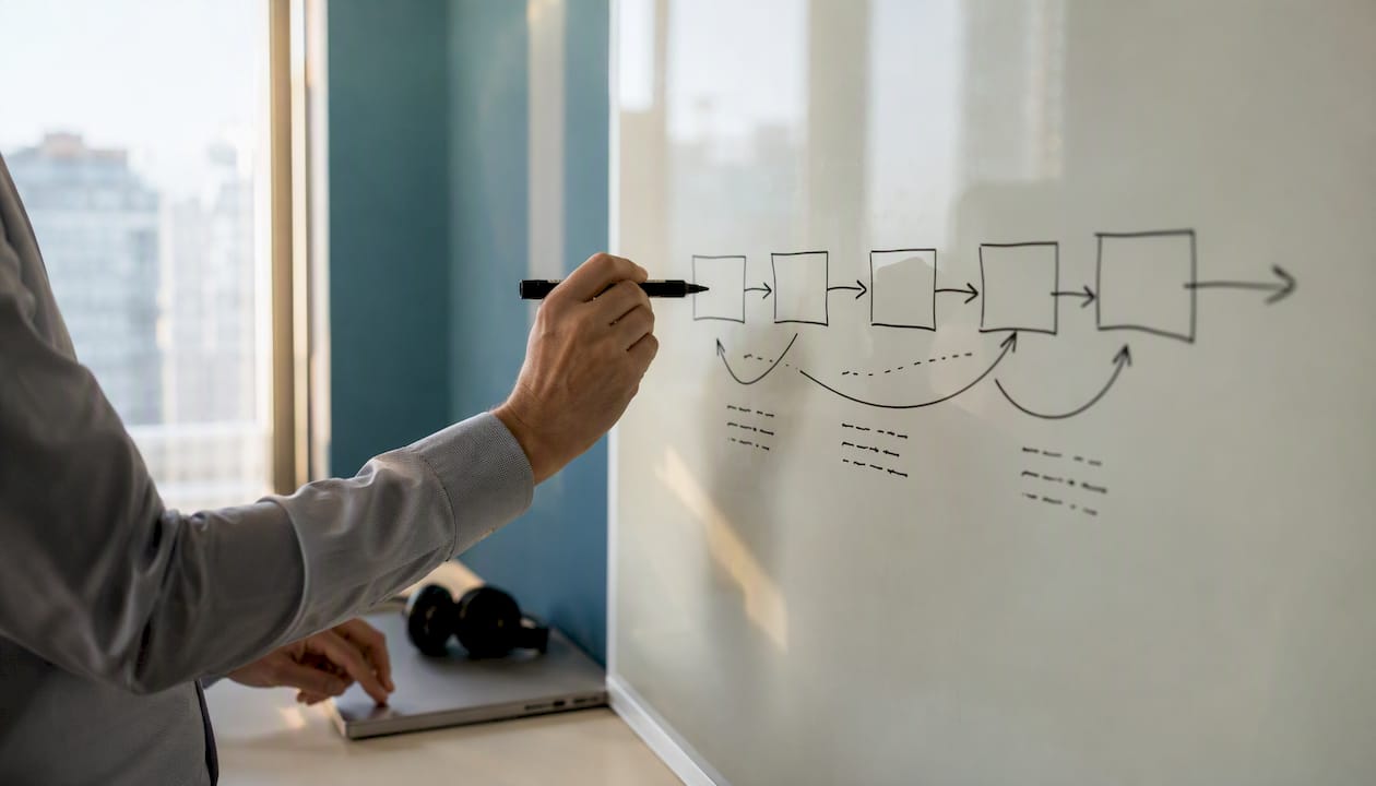 Sales pipeline stages drawn on a glass board