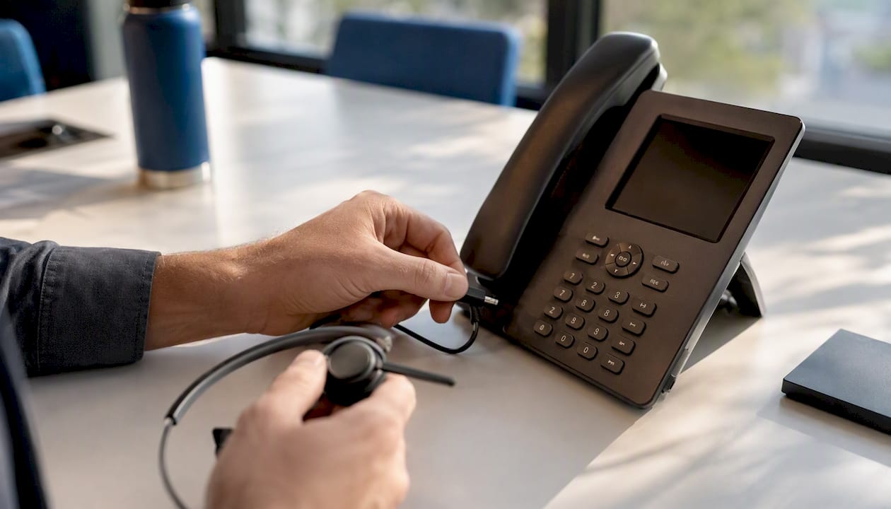 Hands plugging headset into CRM phone device