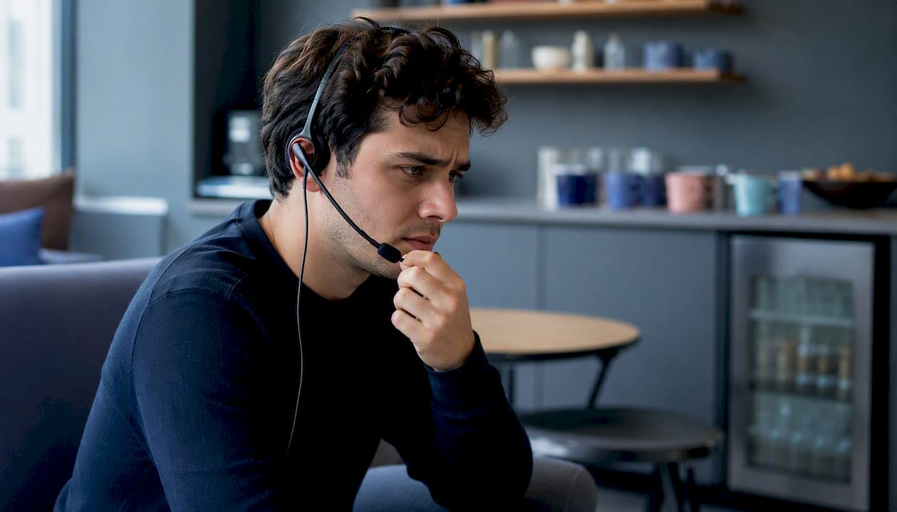 Hand gripping headset microphone during tense drill