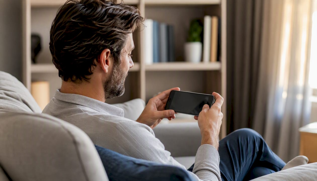 Sales rep reviewing pitch recording on phone