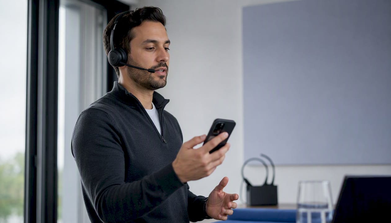 Sales rep rehearsing pitch with headset