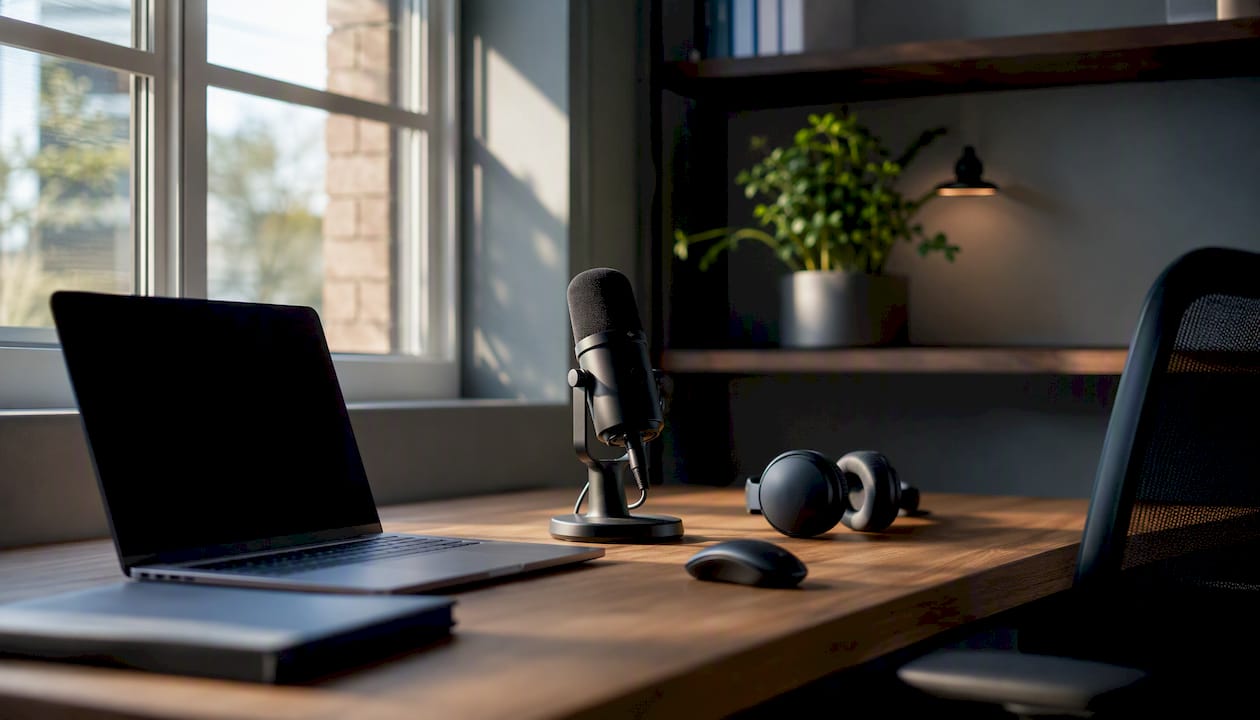 Microphone and headset on modern office desk