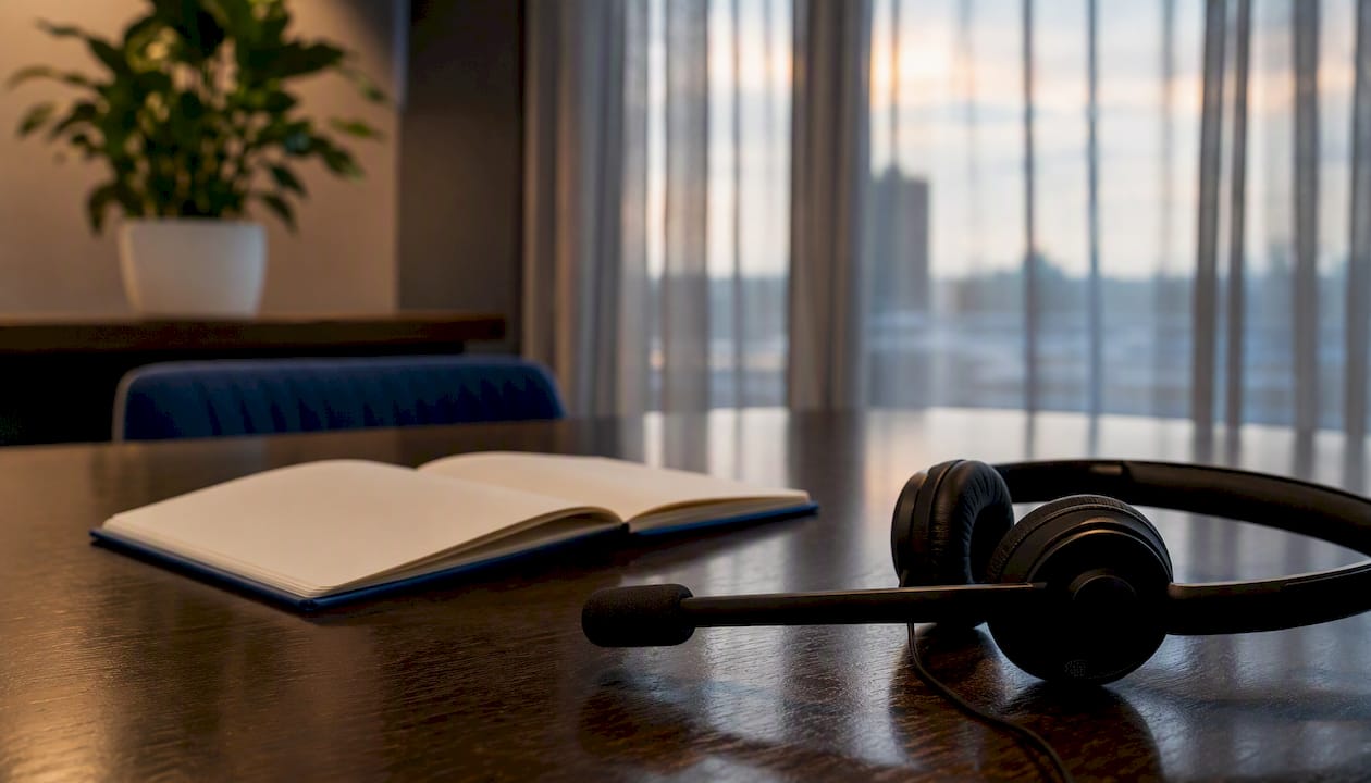 Close-up of headset on desk in training room