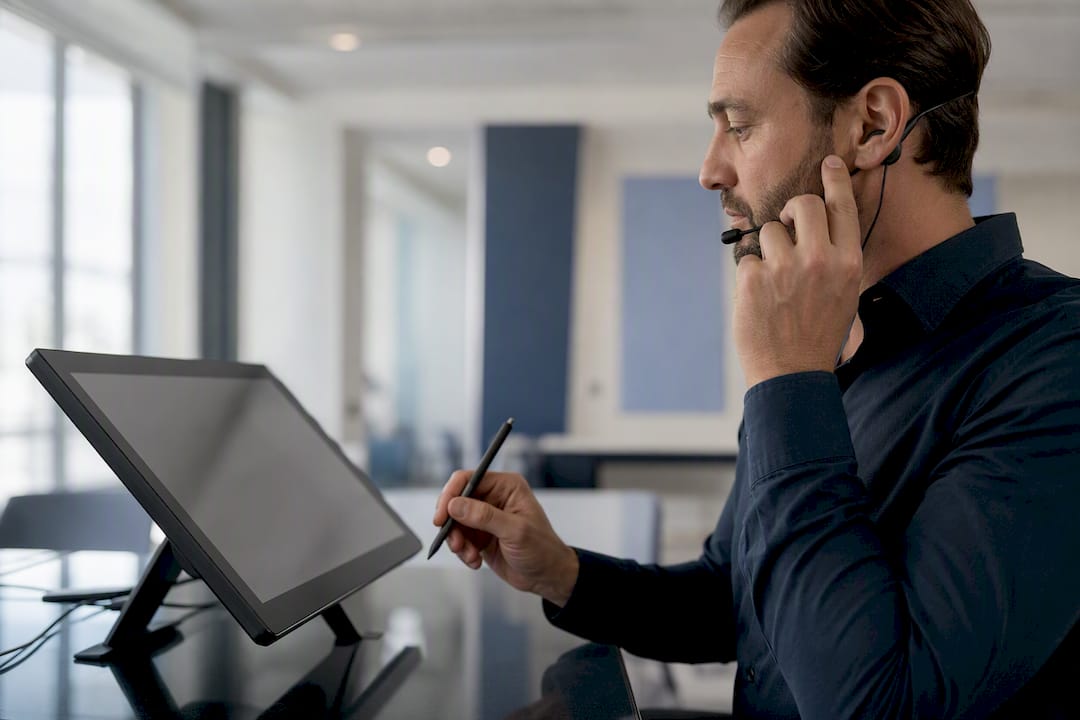 Sales manager adjusting headset microphone