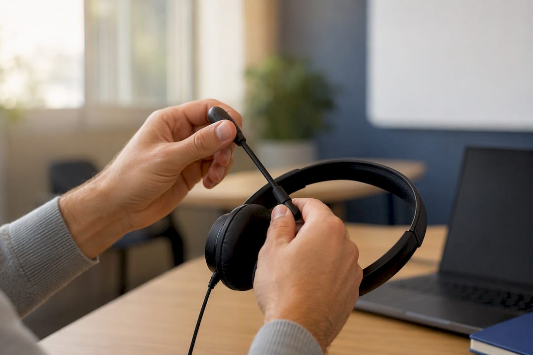 Hands adjusting headset microphone