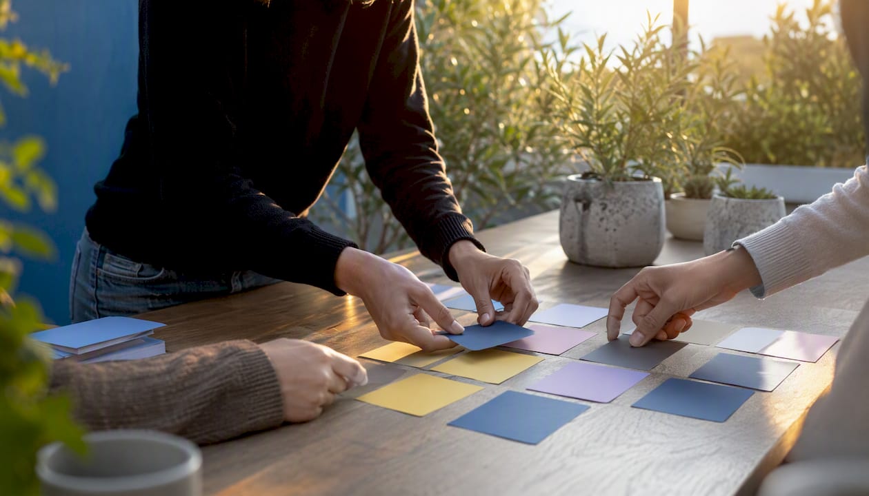 Hands arranging cards for multi-stakeholder negotiation