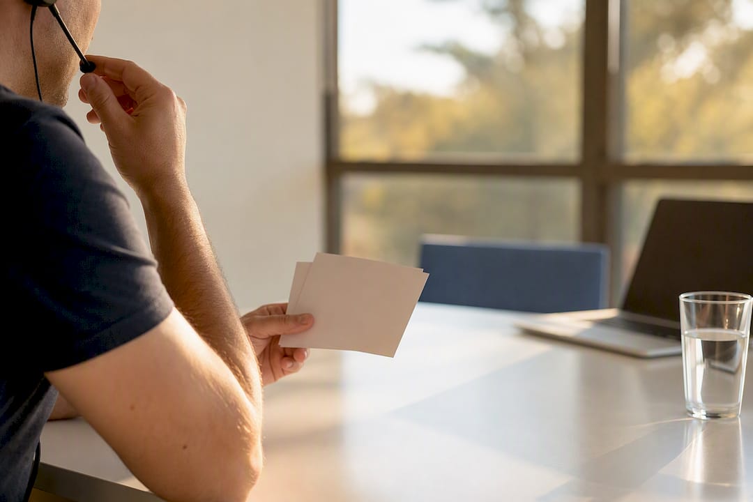 Hands holding headset mic and blank cards on desk