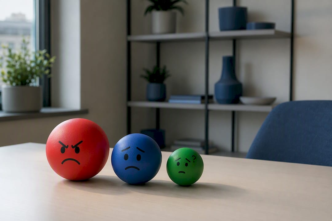 Colored stress balls symbolizing customer emotions