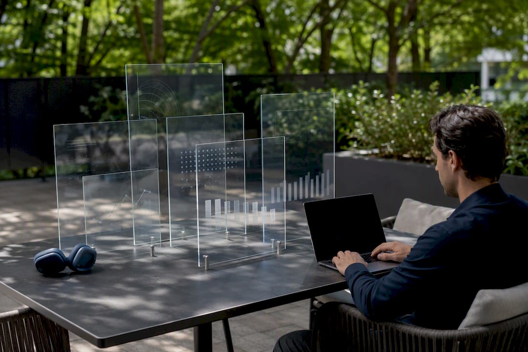 Stylized translucent sales metrics dashboard on glass panels