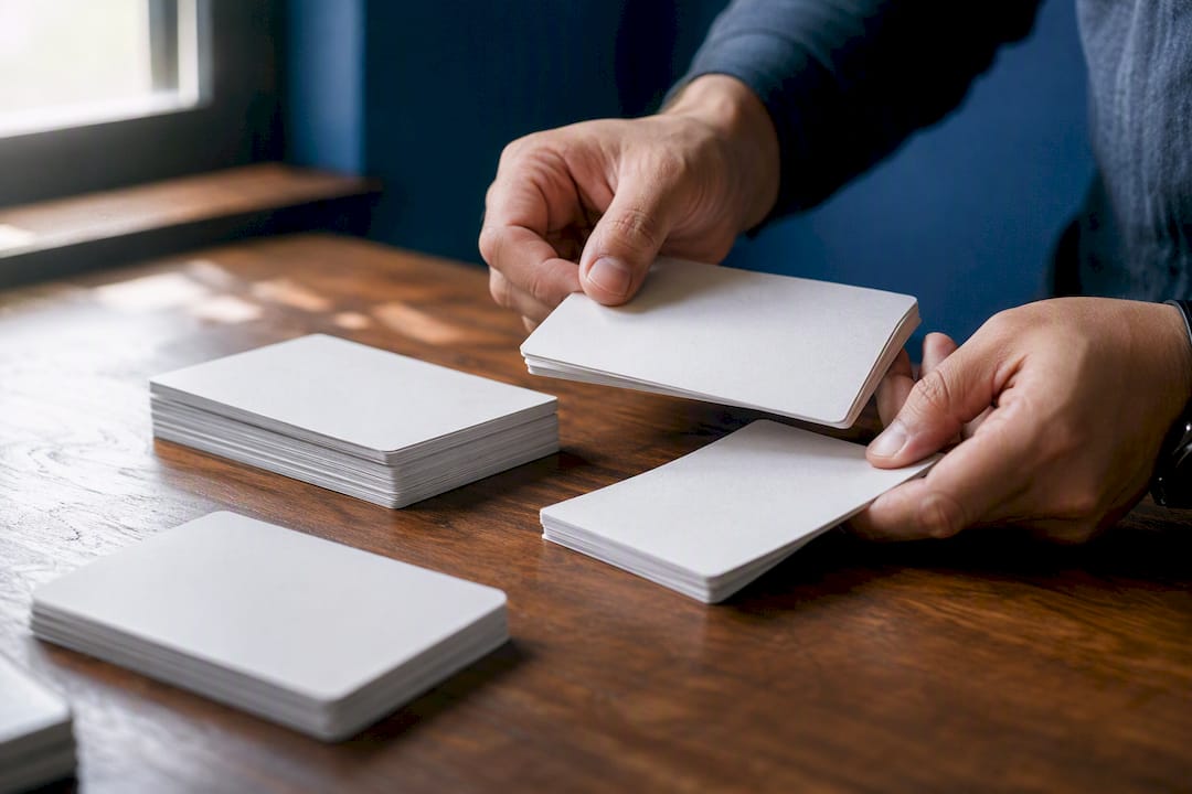 Hands swapping sales script cards