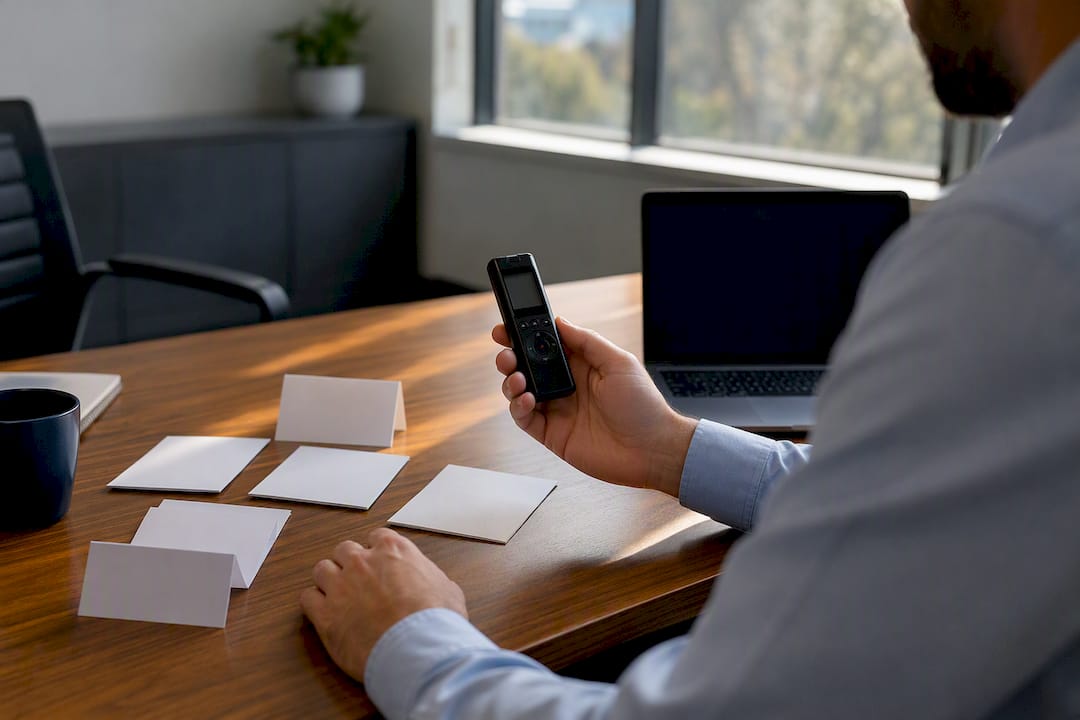 Hands holding call recorder and consent cards