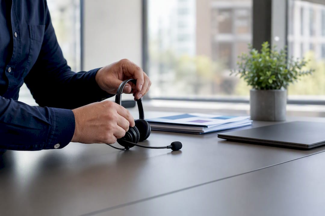 Hands adjusting sales headset microphone