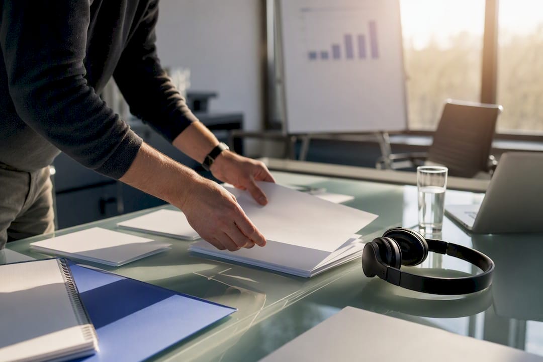 Hands arranging sales training tools on table