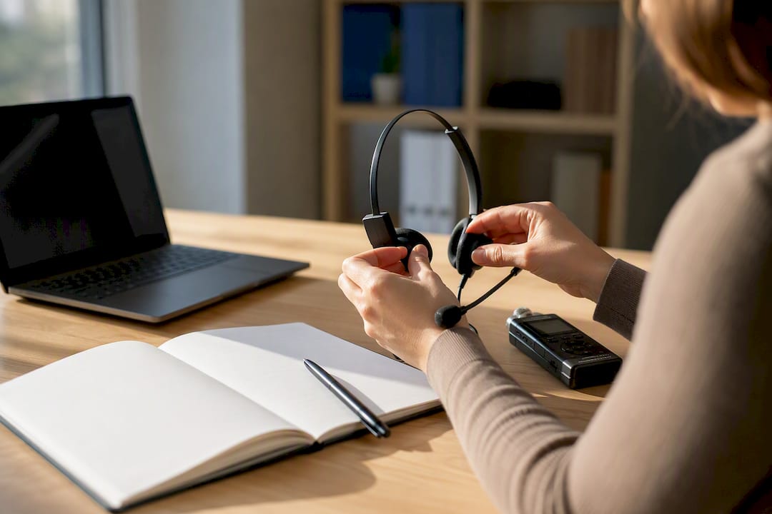 Hands adjusting headset near training recorder