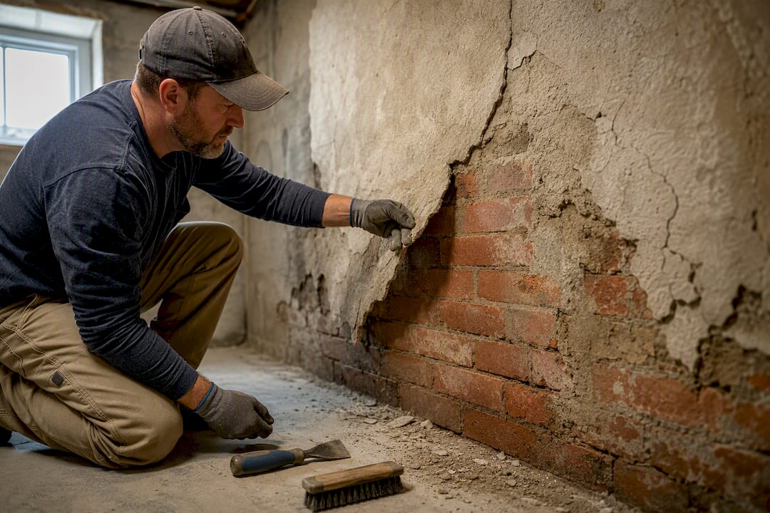 Peeling parge coat exposing brick foundation