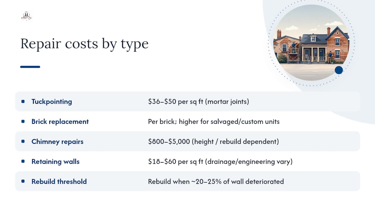 Brick repair types and cost ranges comparison