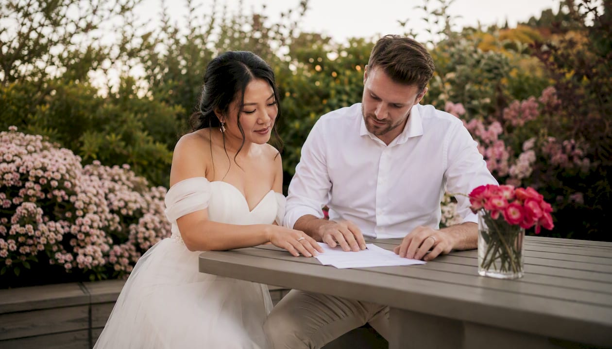 Couple signing wedding photography contract in studio