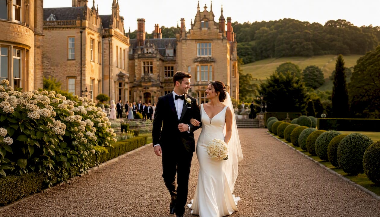 Grand stately home with wedding couple outdoors