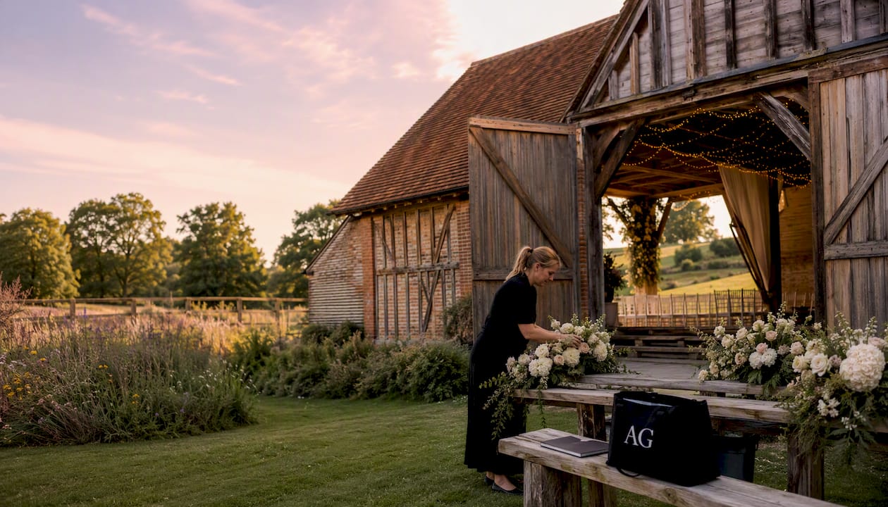Historic barn venue with outdoor wedding setup