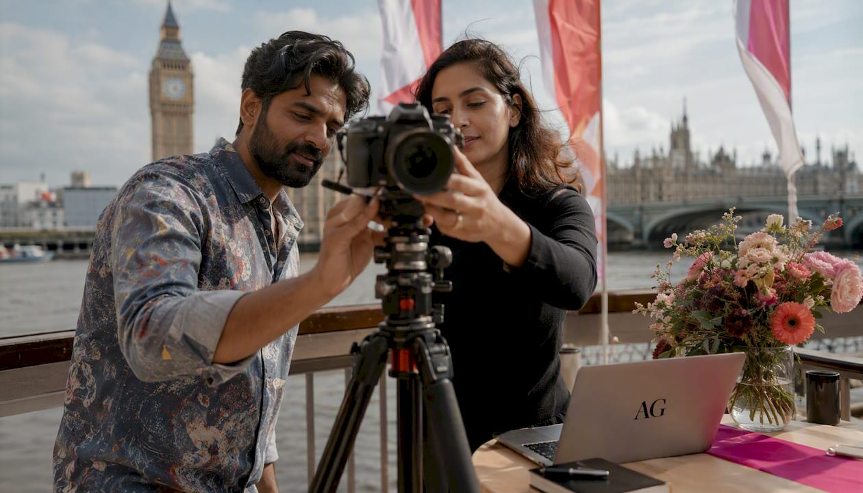 Photographer preparing camera at product launch event