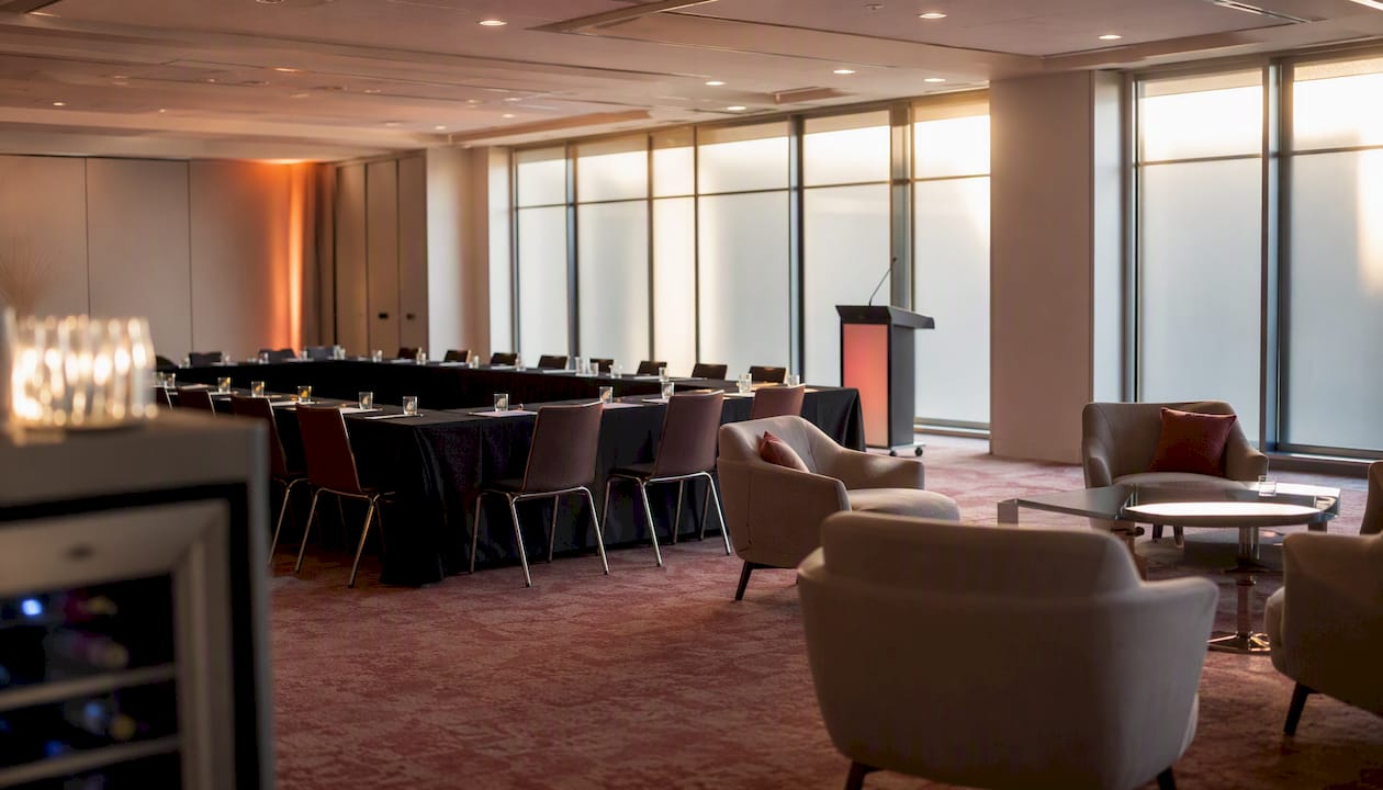 Conference room with theatre and cabaret seating layouts