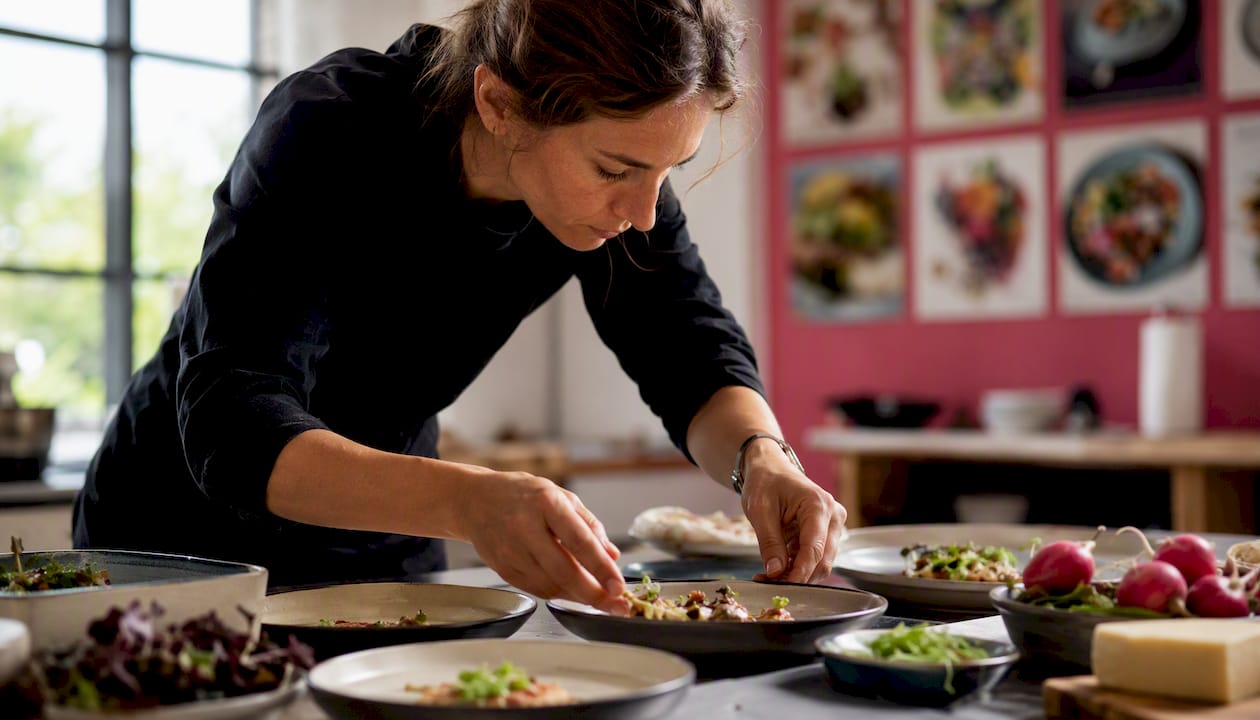 Food photographer arranging dishes during shoot