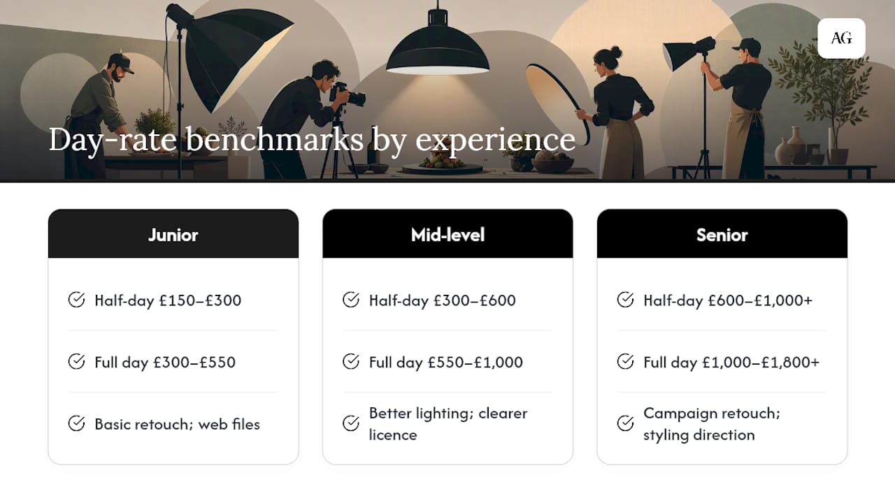 UK food photography pricing benchmarks by experience
