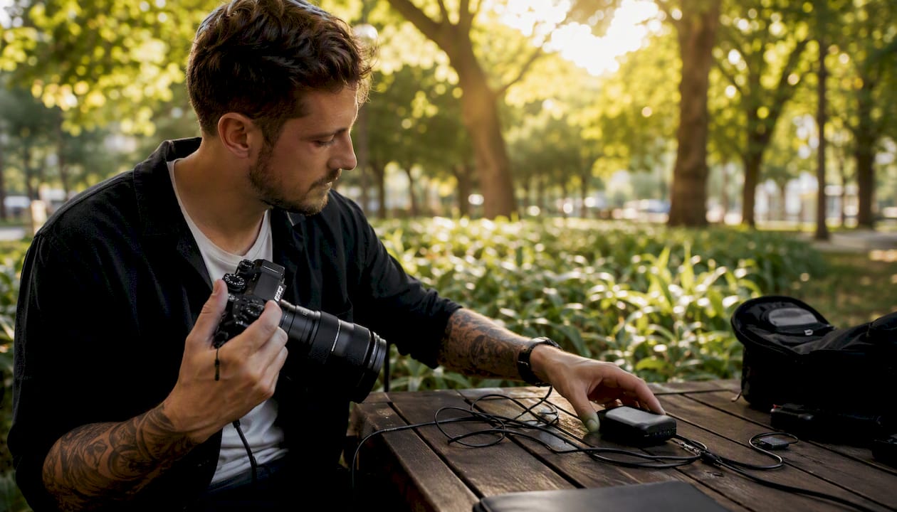 Photographer adjusting camera presets with mobile hotspot