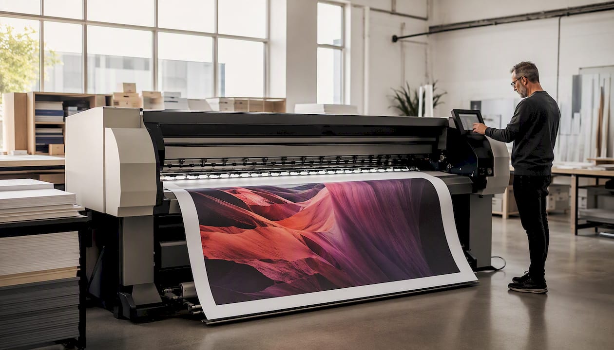 Print technician checking large-format poster print