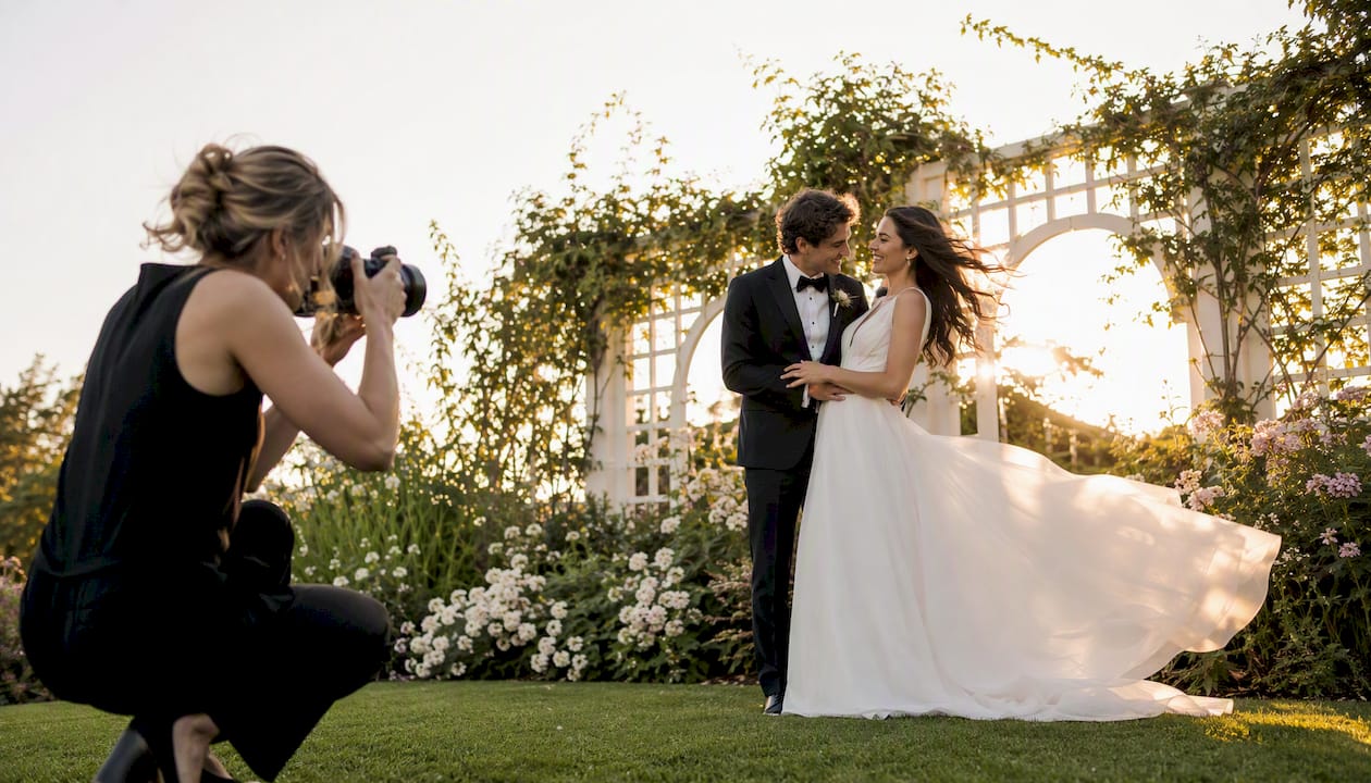 Couple posing in golden hour light