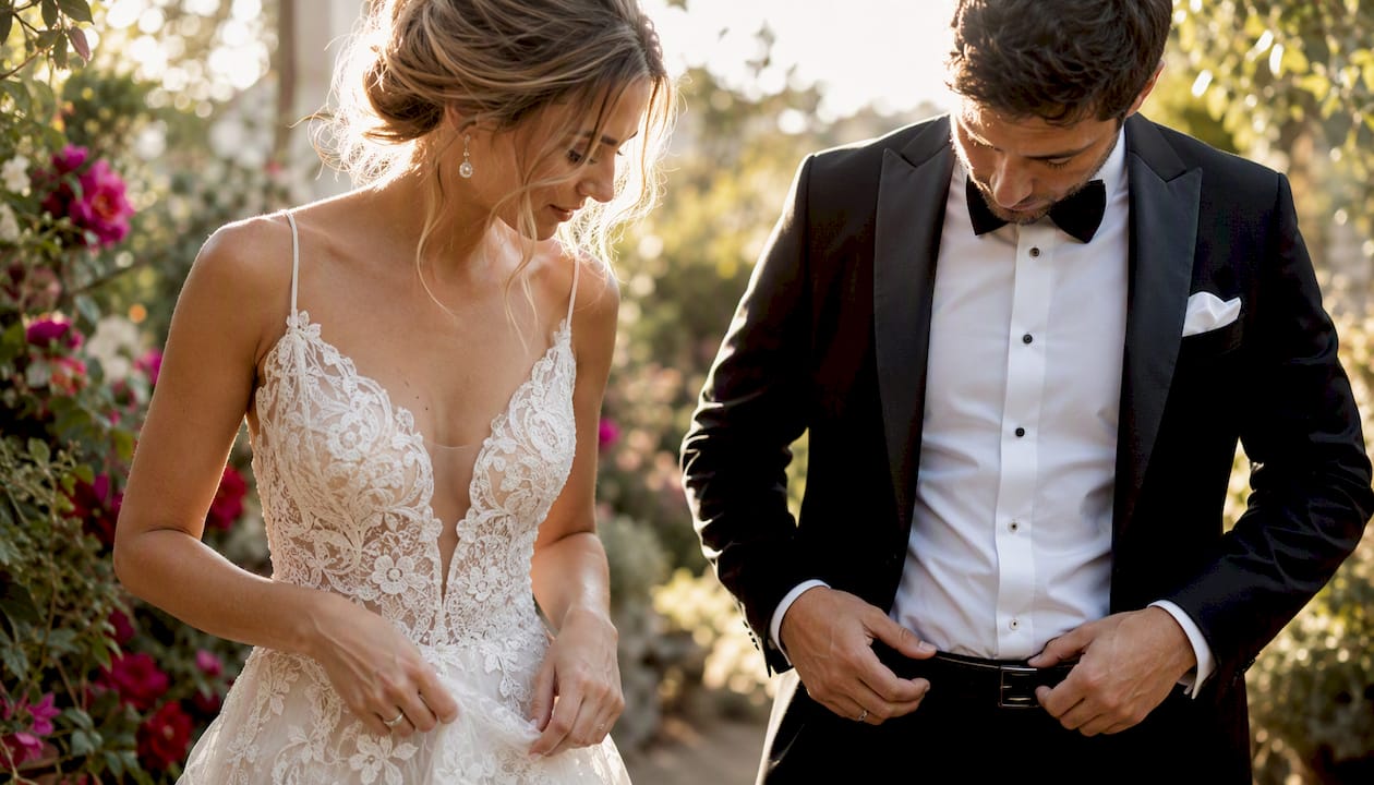 Couple adjusting clothing before portraits