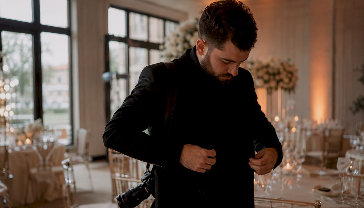 Photographer adjusting non-reflective dark jacket