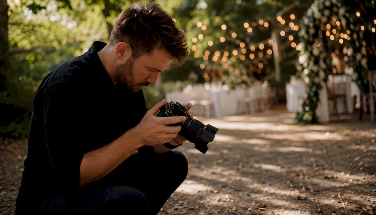 Wedding photographer adjusting camera outdoors