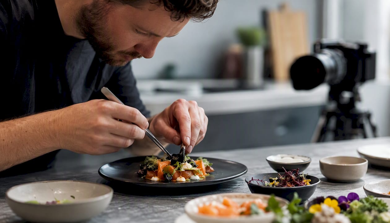 Food stylist preparing food details with tools