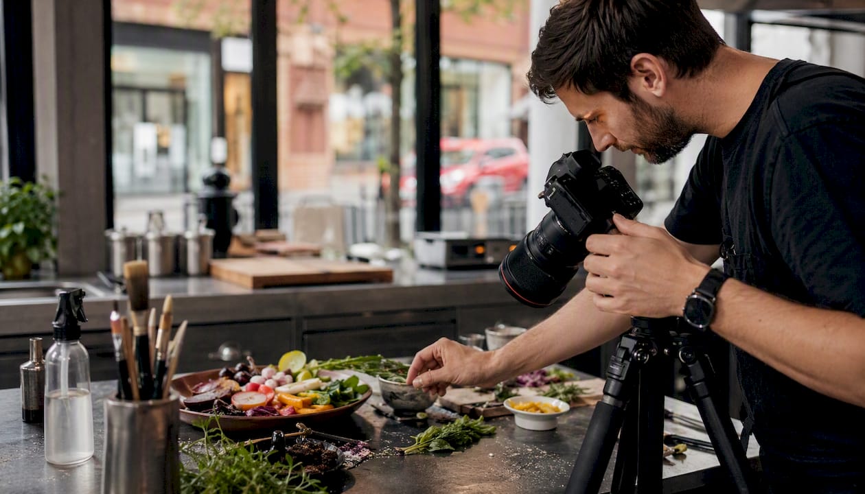 Photographer managing food styling on set
