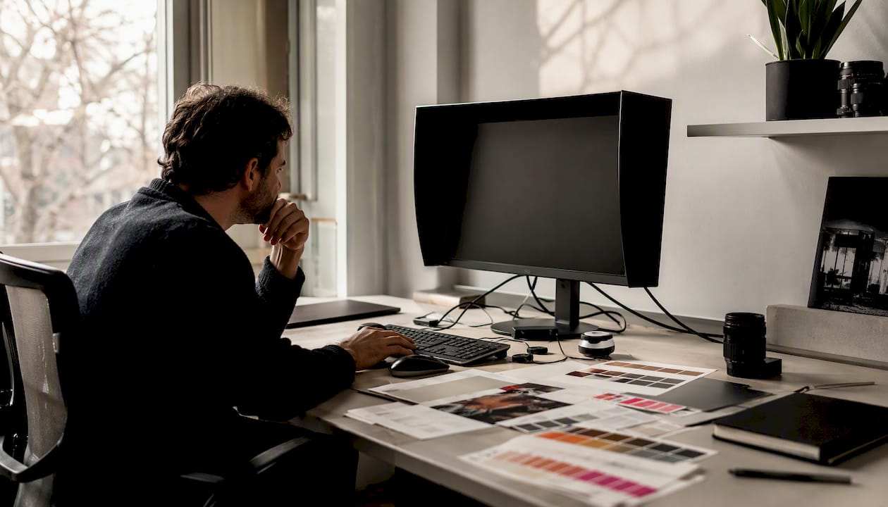 Photographer soft-proofing image on monitor