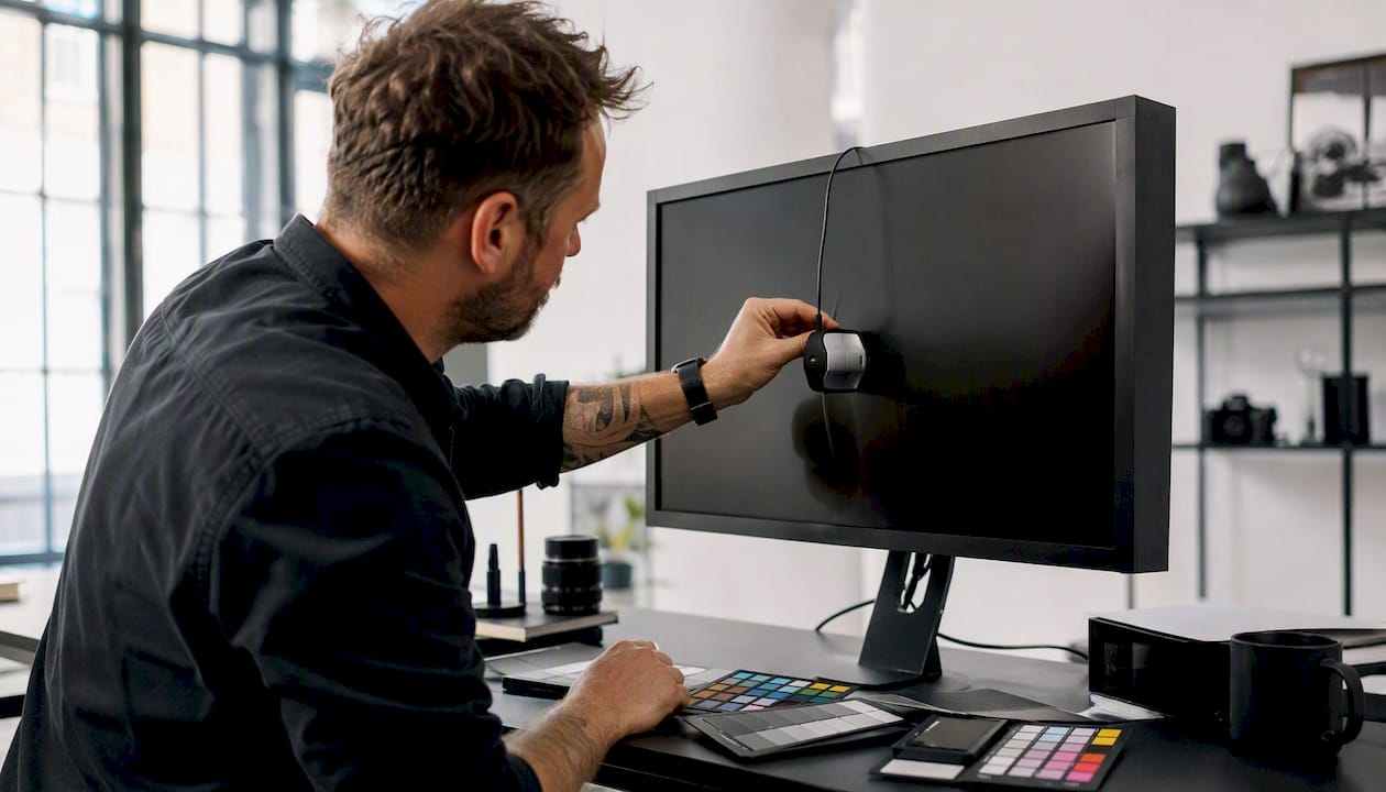 Photographer calibrating monitor with colourimeter device