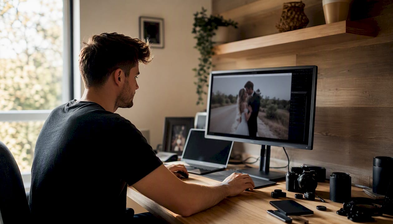Photographer editing wedding photos at computer