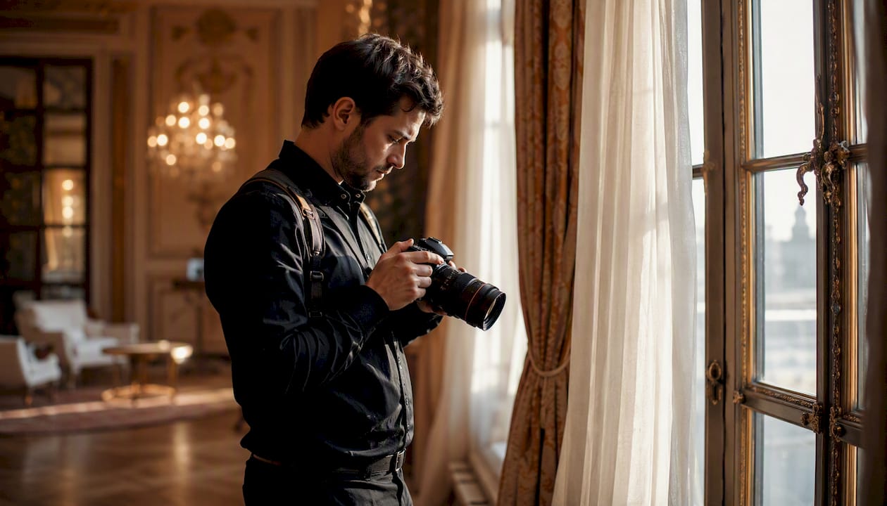 Photographer adjusting camera lens at wedding venue