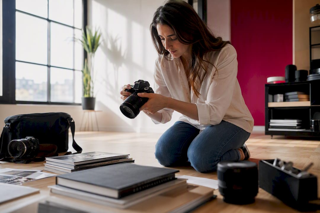 Photographer adjusting camera settings