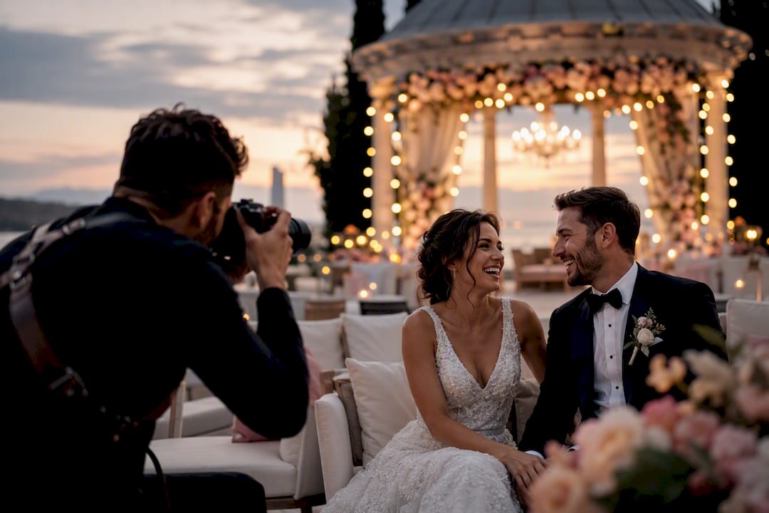 Photographer capturing candid wedding couple moments