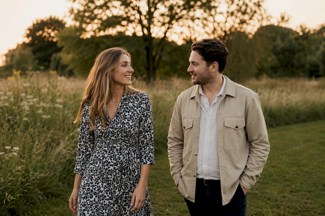 Couple in coordinated engagement photo outfits outdoors