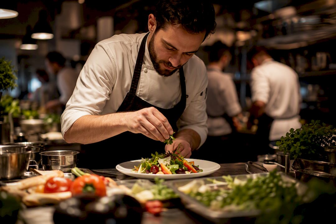 Chef rebuilding stew plate in kitchen